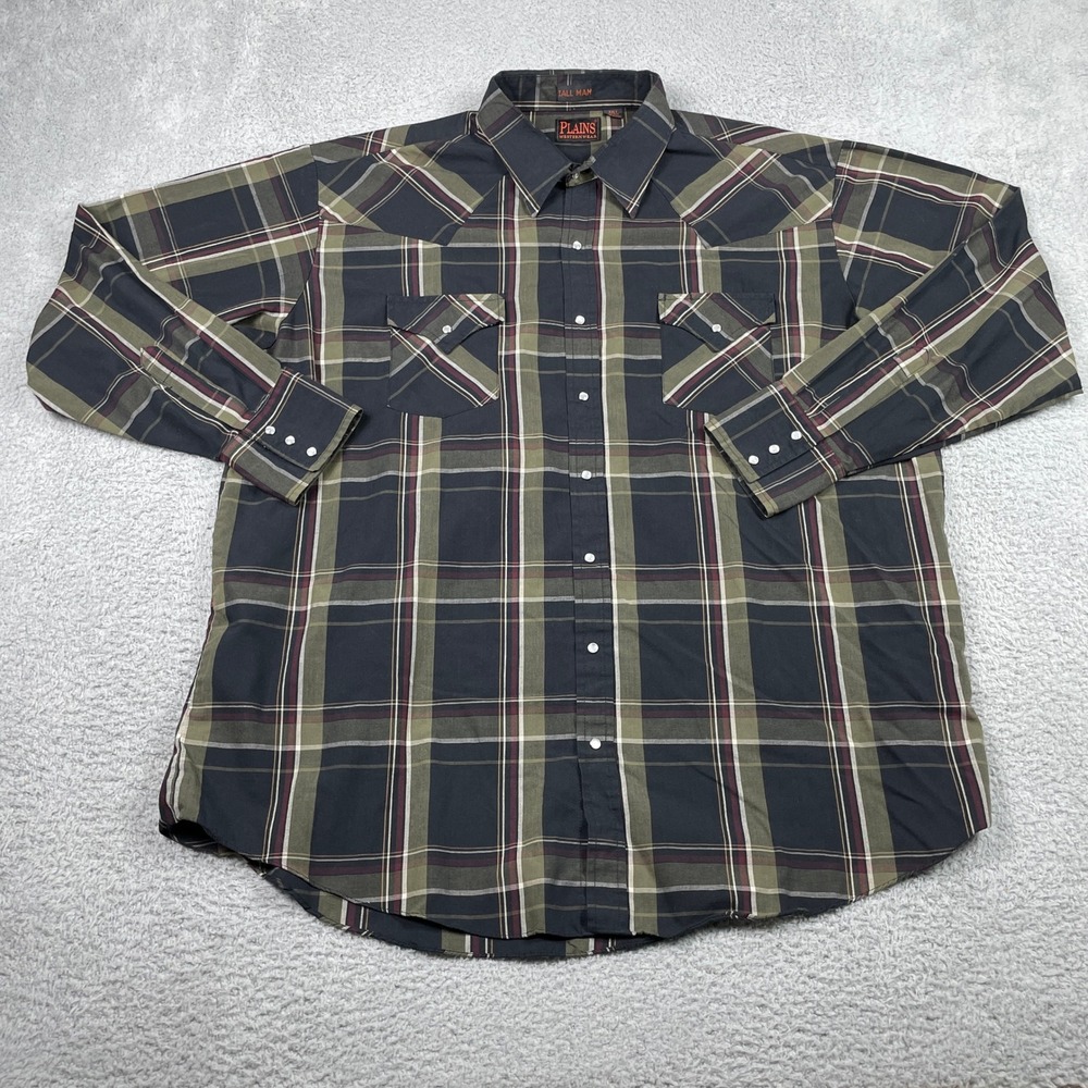 Plains Westernwear Plaid‎ Snap Shirt Mens XXLT Tall Olive Green Western Cowboy